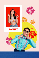 Trend artwork sketch design collage of young lady model posing gentleman prepare date smile soulmate feelings Valentine love relationships