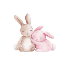 Fototapeta premium Two adorable bunnies sitting closely together, creating a heartwarming scene of friendship and love, white isolate background.