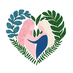 Naklejka premium Two abstract figures embracing in a heart-shaped arrangement of lush green leaves, symbolizing love and connection, against a white background.