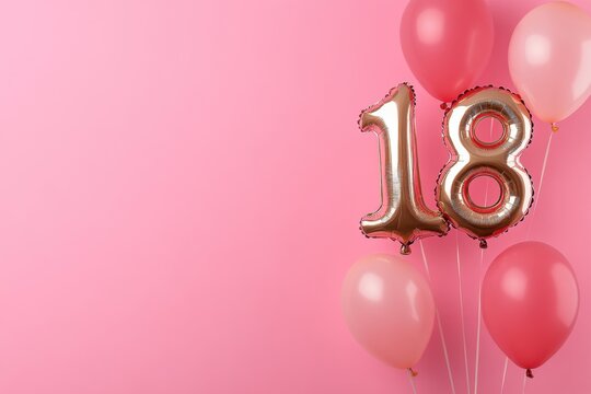 Celebration of turning eighteen with pink balloons and a shiny golden number on a pastel background