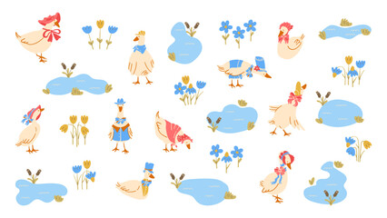 Fairytale vintage characters geese in hats lake