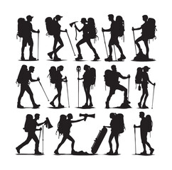 Obraz premium Male and female hiker set silhouette vector on White Background.