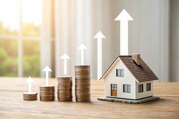 Minimalist Real Estate Investment Concept with Model House, Coin Stacks, and Growth Arrows on Wooden Table