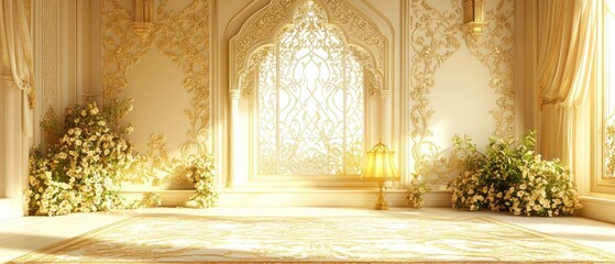 A sunlit opulent room with floral arrangements and intricate details