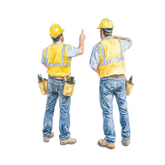 Two construction workers in hard hats and reflective vests discussing plans on a job site, highlighting teamwork and communication in the construction industry.