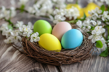 Obraz premium Easter festive basket bird nest with painted speckled eggs blooming willow branches spring light, Generative AI