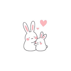 Obraz premium Two cute black rabbits with pink accents snuggling and surrounded by hearts, perfect for expressing love and affection in a whimsical style.