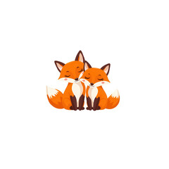Obraz premium Two cute, cuddly foxes sitting closely together, depicting a warm and friendly nature. Ideal for designs emphasizing love, companionship, and wildlife themes.
