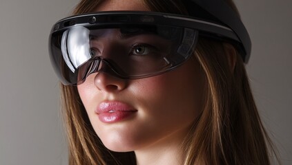 Visionary Gaze: A portrait of a woman, adorned with sleek technology, her eyes reflect a future of possibilities, embodying innovation and forward-thinking concepts.