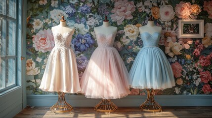 Elegant Dresses Displayed in a Charming Floral Boutique Interior