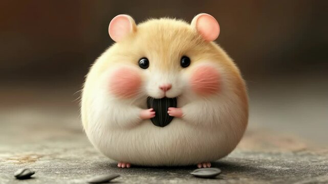 Adorable Chubby Hamster Enjoys a Sunflower Seed: A Cute Animated 3D Character for Pet and Animal Lovers
