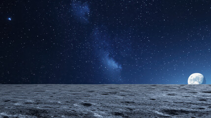 stunning view of lunar landscape featuring bright moon rising over textured surface, with starry sky above