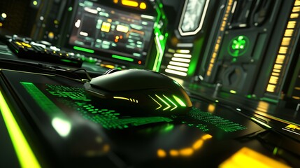 Close-up view of a modern gaming mouse on a vibrant and illuminated gaming setup featuring high-tech circuitry and colorful LED lights