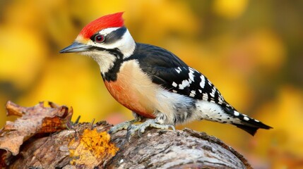 Obraz premium Middle spotted woodpecker Dendrocopos medius bird songbird wildlife nature predator cock o the north, beautiful animal mountain finch, animal, bird watching ornithology, wildlife Europe 