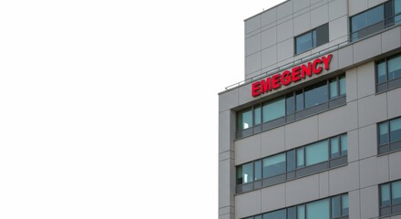 Emergency entrance of a modern hospital against a pristine white backdrop