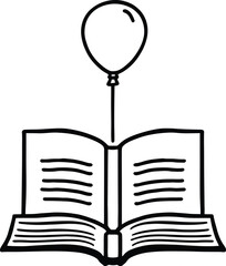 Black and white vector illustration of an open book with a floating balloon tied to it by a string, symbolizing knowledge, imagination, and the uplifting power of reading.
