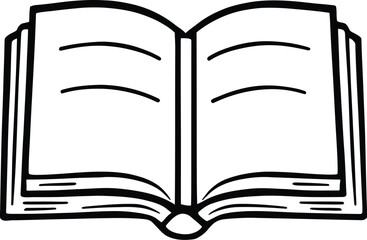 Black and white vector illustration of an open book with visible pages, featuring simple lines indicating text, symbolizing knowledge, reading, and literature.
