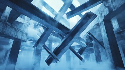 A surreal abstract construction scene with levitating steel beams assembling themselves in a gravity-defying motion.