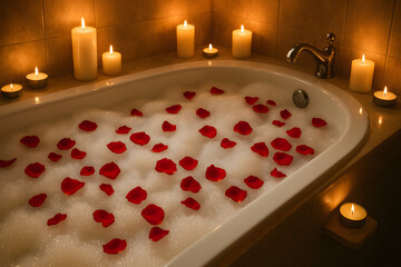 Romantic bubble bath with rose petals and candlelight in cozy bathroom, relaxation and self-care scene