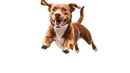 A happy jumping dog in the air on a transparent background