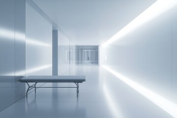 A minimalist hospital hallway with clean, white walls