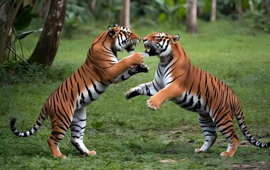Two male tigers fighting each other in the jungle © Oualid