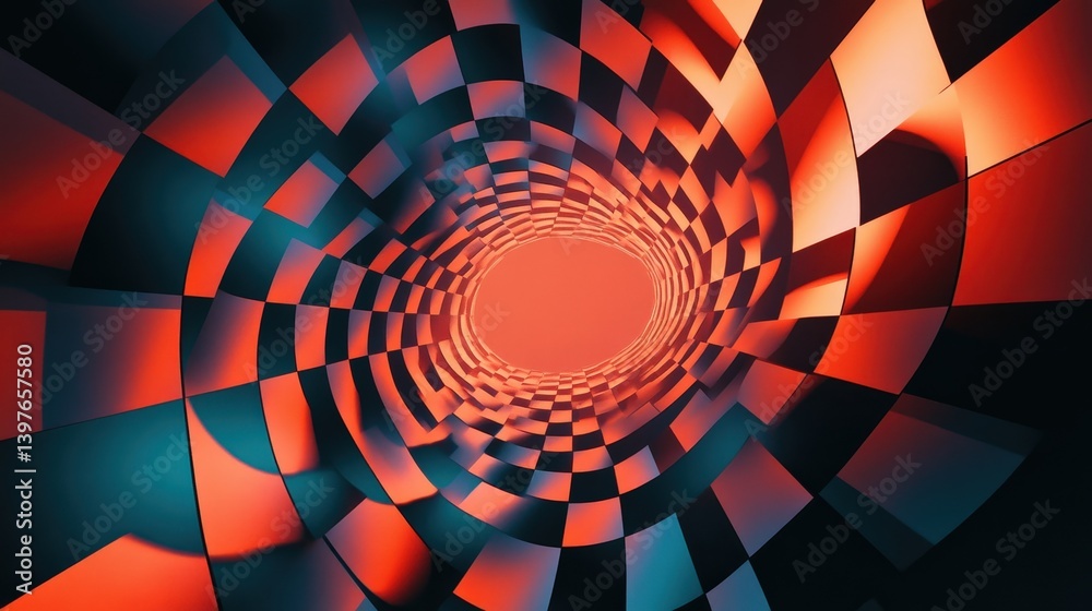 Poster a surreal geometric pattern with distorted grids and shifting perspectives, creating a dreamlike eff