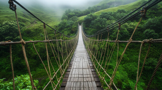 Fototapeta Misty mountain rope bridge walkway
