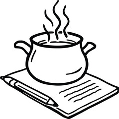 Black and white vector  illustration of a steaming pot placed on a piece of paper with writing, accompanied by a pen lying next to it, symbolizing cooking, creativity, and written planning.