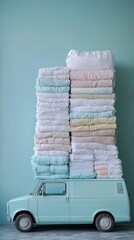 A light blue vintage van is piled high with neatly folded laundry ready for pickup and delivery showcasing a convenient laundry service option for busy customers needing efficient