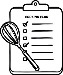 Black and white vector  illustration of a clipboard featuring a cooking plan checklist with five items, two checked off, and a whisk placed diagonally across the clipboard, symbolizing meal plan