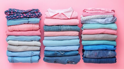 Freshly laundered clothes neatly stacked in pastel colors on a pink background perfect for a laundry shop advertisement banner showcasing clean and organized clothing items.