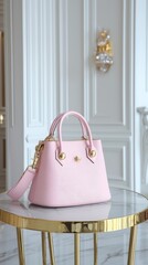 A pristine pink luxury handbag sits elegantly on a gold table against a backdrop of a sophisticated white interior perfect for a cleaning service banner or advertisement.