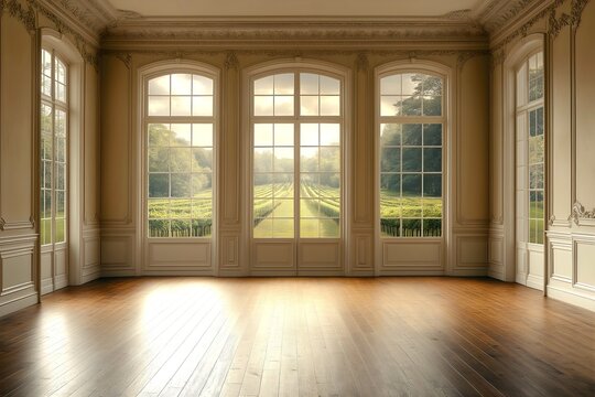 Fototapeta Photography backdrop, elegant classical french room with vineyard view through arched windows in golden light.