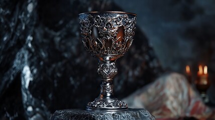 Ornate silver goblet with intricate designs sitting on a stone pedestal in a dimly lit environment