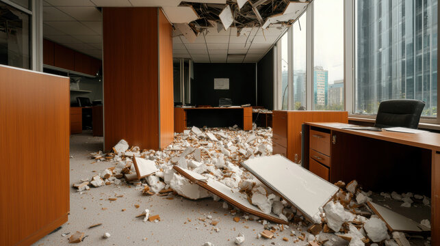 A damaged office interior with debris scattered on the floor, suggesting structural issues and a chaotic environment.