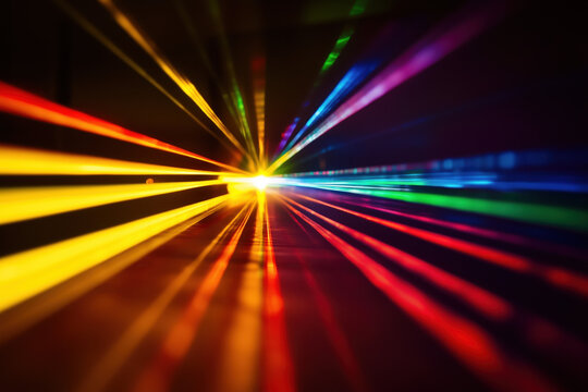 Colorful beams of light intersect in a complex pattern, creating a vibrant visual display in a dark environment