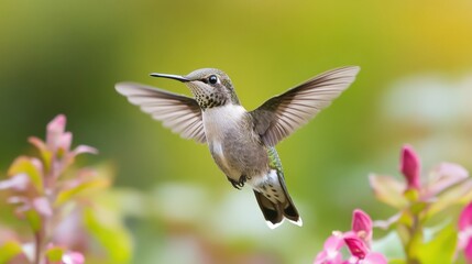 Fototapeta premium A tiny hummingbird hovering in mid-air, its wings beating rapidly as it sips nectar from a flower
