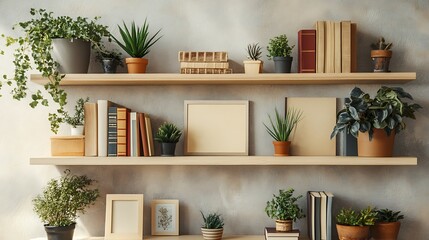 A beautifully arranged collection of greenery and books on wooden shelves against a textured wall, creating a cozy and inviting atmosphere in a living space