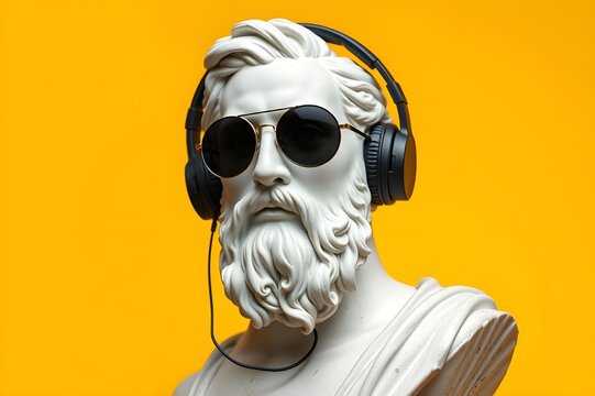 A Greek-style statue wearing modern sunglasses and headphones.The concept of combining ancient art with modern technology.