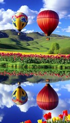 Fototapeta premium Breathtaking landscape of floating balloons over a serene mountain lake with colorful tulip fields