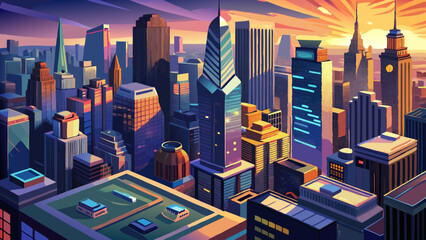 Obraz premium Aerial panorama of New York City skyscrapers at dusk as seen from above the 29th street, close to Hudson Yards and Chelsea neighborhood