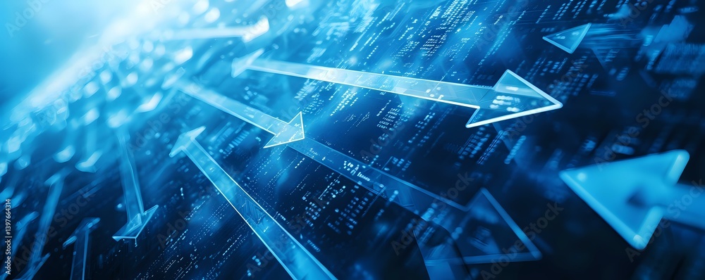 Poster glowing blue arrows moving through digital matrix background with binary code pattern, representing 