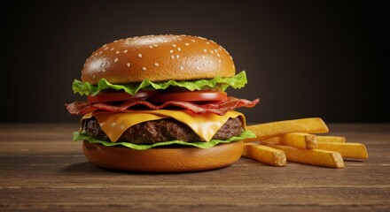 Delicious hamburger with fries on wooden table  