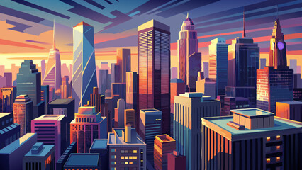 Obraz premium Aerial panorama of New York City skyscrapers at dusk as seen from above the 29th street, close to Hudson Yards and Chelsea neighborhood