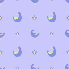 Seamless vector pattern with ducks, bird silhouettes, plants. Minimalistic background with birds. Cute ducks on beige pattern, modern baby pattern, children s print.