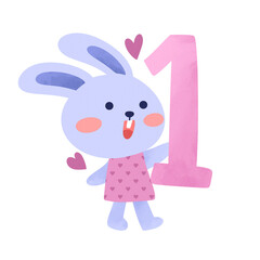 Rabbit animal number alphabet hand drawn watercolor illustration. Perfect for birthday invitation