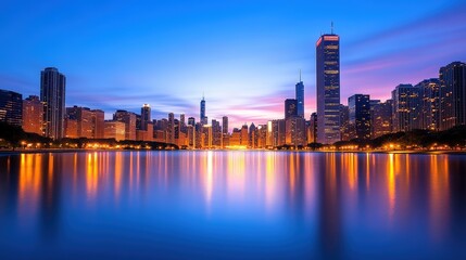 Obraz premium A stunning skyline at dusk, reflecting vibrant colors on a calm water surface, showcasing modern architecture and urban beauty.