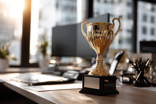 Gold trophy cup on desk in office, award for best work results and professional success in corporation