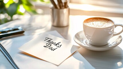 father's day concept. Warm Morning Coffee with a Thoughtful Note of Appreciation for Father Featuring a Cup of Coffee and a Handwritten Message on a Cozy Table Setting